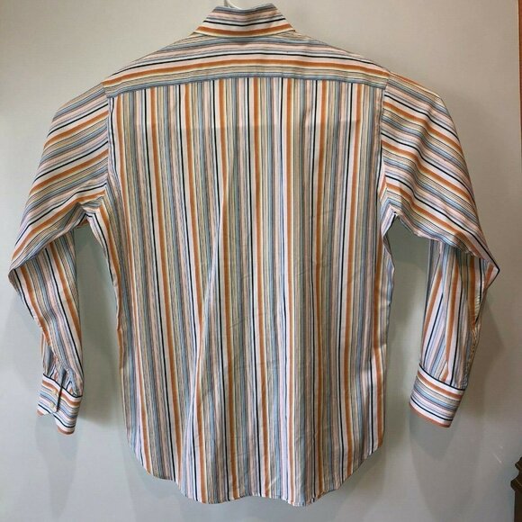 Thomas Dean Mens Large Multicolored Striped Flip Cuff Button Up Collar Shirt L - Picture 8 of 11